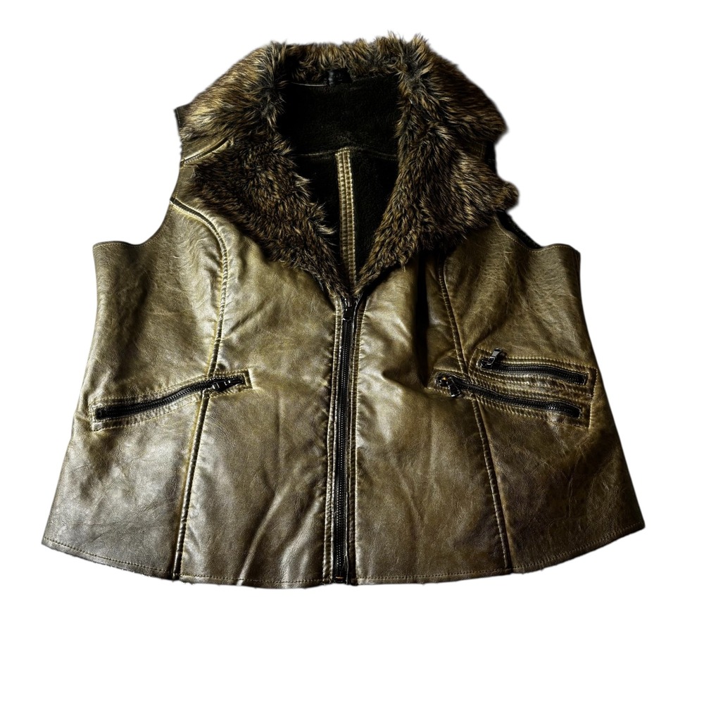FORNIA Womens Faux Leather Fur Lined Vest Olive Green Moto Zip Pockets Size M - Picture 2 of 12